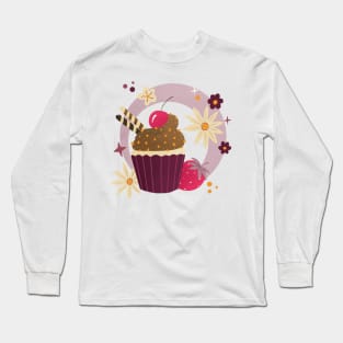 Retro Chocolate Cupcake, Strawberries and flowers Long Sleeve T-Shirt